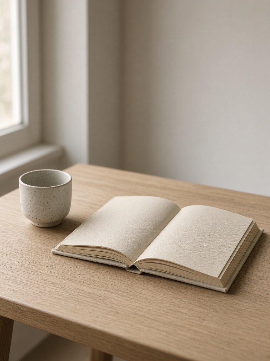 Открытая книга на светлом столе у окна